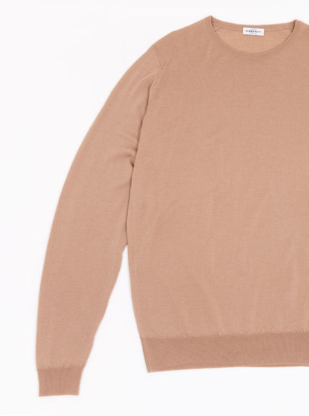 Flat lay of men's light camel long sleeved crewneck sweater knit in a luxury and premium 100% merino wool.